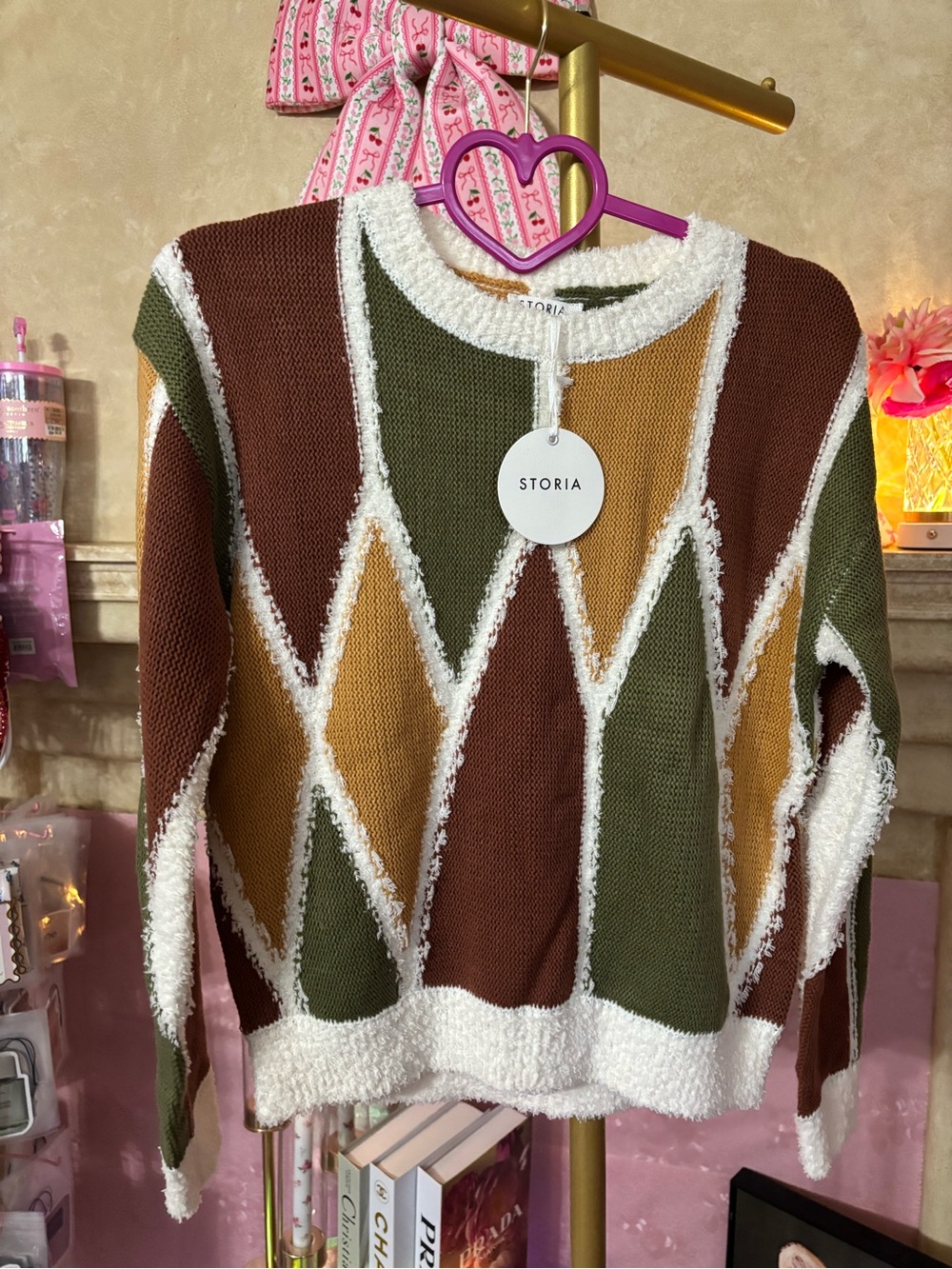 P-009 STORIA Colorblock Diamond Knit Sweater in Brown, Olive & Mustard